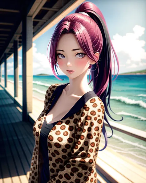 ((masterpiece), best quality, high quality, professional quality , highly detailed, highres, perfect lighting, natural lighting),, (1girl, beautiful, medium breasts, (multicolored hair, red hair,pink hair,black hair, long hair, high ponytail), perfecteyes eyes), (wearing cheetah print, extremelyBeautiful_beautifulclotheswild/Extremely beautiful clothes), on the beach, walking the boardwalk, <lyco:locon_perfecteyes_v1_from_v1_64_32:0.6>