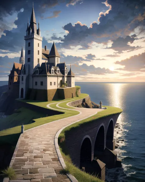 ((masterpiece), best quality, high quality, professional quality , highly detailed, highres, perfect lighting, natural lighting), moonstone shell keep, limestone battlements, manticore, a rocky, windswept coast, Vincent van Gogh