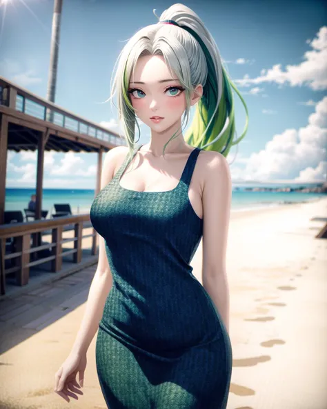 ((masterpiece), best quality, high quality, professional quality , highly detailed, highres, perfect lighting, natural lighting),, (1girl, beautiful, medium breasts, (multicolored hair, blonde hair,green hair,silver hair, long hair, high ponytail), perfecteyes eyes), (wearing crocodile texture print, extremelyBeautiful_beautifulclotheswild/Extremely beautiful clothes), on the beach, walking the boardwalk, <lyco:locon_perfecteyes_v1_from_v1_64_32:0.6>