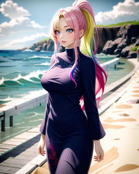 ((masterpiece), best quality, high quality, professional quality , highly detailed, highres, perfect lighting, natural lighting),, (1girl, beautiful, medium breasts, (multicolored hair, pink hair,blonde hair,blue hair, long hair, high ponytail), perfecteyes eyes), (wearing lava texture print, extremelyBeautiful_beautifulclotheswild/Extremely beautiful clothes), on the beach, walking the boardwalk, <lyco:locon_perfecteyes_v1_from_v1_64_32:0.6>