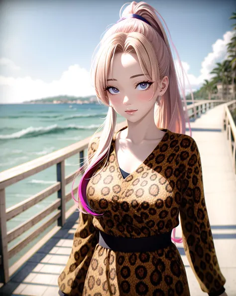 ((masterpiece), best quality, high quality, professional quality , highly detailed, highres, perfect lighting, natural lighting),, (1girl, beautiful, medium breasts, (multicolored hair, brown hair,pink hair,blonde hair, long hair, high ponytail), perfecteyes eyes), (wearing leopard print|pastel print, extremelyBeautiful_beautifulclotheswild/Extremely beautiful clothes), on the beach, walking the boardwalk, <lyco:locon_perfecteyes_v1_from_v1_64_32:0.6>