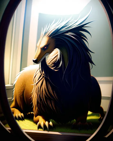 ((masterpiece), best quality, high quality, professional quality , highly detailed, highres, perfect lighting, natural lighting), daemonic, griffin, in a terrarium