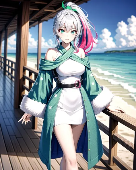 ((masterpiece), best quality, high quality, professional quality , highly detailed, highres, perfect lighting, natural lighting),, (1girl, beautiful, medium breasts, (multicolored hair, white hair,purple hair,blue hair, long hair, high ponytail), perfecteyes eyes), (wearing giraffe print, extremelyBeautiful_beautifulclotheswild/Extremely beautiful clothes), on the beach, walking the boardwalk, <lyco:locon_perfecteyes_v1_from_v1_64_32:0.6>