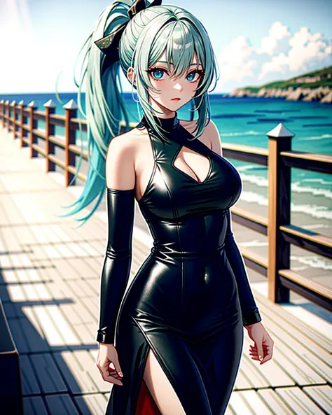 ((masterpiece), best quality, high quality, professional quality , highly detailed, highres, perfect lighting, natural lighting),, (1girl, beautiful, medium breasts, (multicolored hair, silver hair,green hair,blue hair, long hair, high ponytail), perfecteyes eyes), (wearing leather texture print, extremelyBeautiful_beautifulclotheswild/Extremely beautiful clothes), on the beach, walking the boardwalk, <lyco:locon_perfecteyes_v1_from_v1_64_32:0.6>