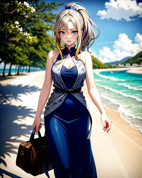 ((masterpiece), best quality, high quality, professional quality , highly detailed, highres, perfect lighting, natural lighting),, (1girl, beautiful, medium breasts, (multicolored hair, brown hair,blonde hair,silver hair, long hair, high ponytail), perfecteyes eyes), (wearing starfish print, extremelyBeautiful_beautifulclotheswild/Extremely beautiful clothes), on the beach, walking the boardwalk, <lyco:locon_perfecteyes_v1_from_v1_64_32:0.6>