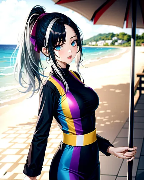 ((masterpiece), best quality, high quality, professional quality , highly detailed, highres, perfect lighting, natural lighting),, (1girl, beautiful, medium breasts, (multicolored hair, black hair,blue hair,silver hair, long hair, high ponytail), perfecteyes eyes), (wearing rainbow print, extremelyBeautiful_beautifulclotheswild/Extremely beautiful clothes), on the beach, walking the boardwalk, <lyco:locon_perfecteyes_v1_from_v1_64_32:0.6>