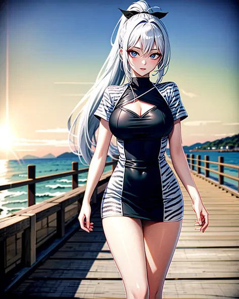 ((masterpiece), best quality, high quality, professional quality , highly detailed, highres, perfect lighting, natural lighting),, (1girl, beautiful, medium breasts, (multicolored hair, silver hair,black hair,white hair, long hair, high ponytail), perfecteyes eyes), (wearing zebra print, extremelyBeautiful_beautifulclotheswild/Extremely beautiful clothes), on the beach, walking the boardwalk, <lyco:locon_perfecteyes_v1_from_v1_64_32:0.6>