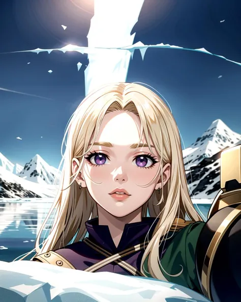 ((masterpiece), best quality, high quality, professional quality, highly detailed, highres, perfect lighting, natural lighting), middle earth, Ranger Nocking an arrow and taking careful aim, Oracle, Average Height, Ripped, Round Face, Olive Skin, Platinum Blonde Hair, purple Eyes, Long Nose, Pouty Lips, Prominent Chin, French Fork, Bald, Slicked Back, A frozen tundra, with icy peaks and frozen lakes stretching as far as the eye can see, Tolkien