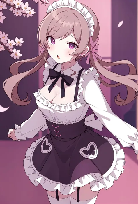 <lora:under_heorine:0.4>, under_heorine, 1girl, solo, japanese temple background, cherry blossoms,, (masterpiece:1.2), (best quality:1.15), extremely detailed, perfect lighting, ((maid)), dress, maid apron, maid headdress, waist apron, white apron, black thighhighs, black garter straps, zettai ryouiki, skirt, frills, frilled apron, frilled dress, cleavage, neck ribbon, (alternate costume)