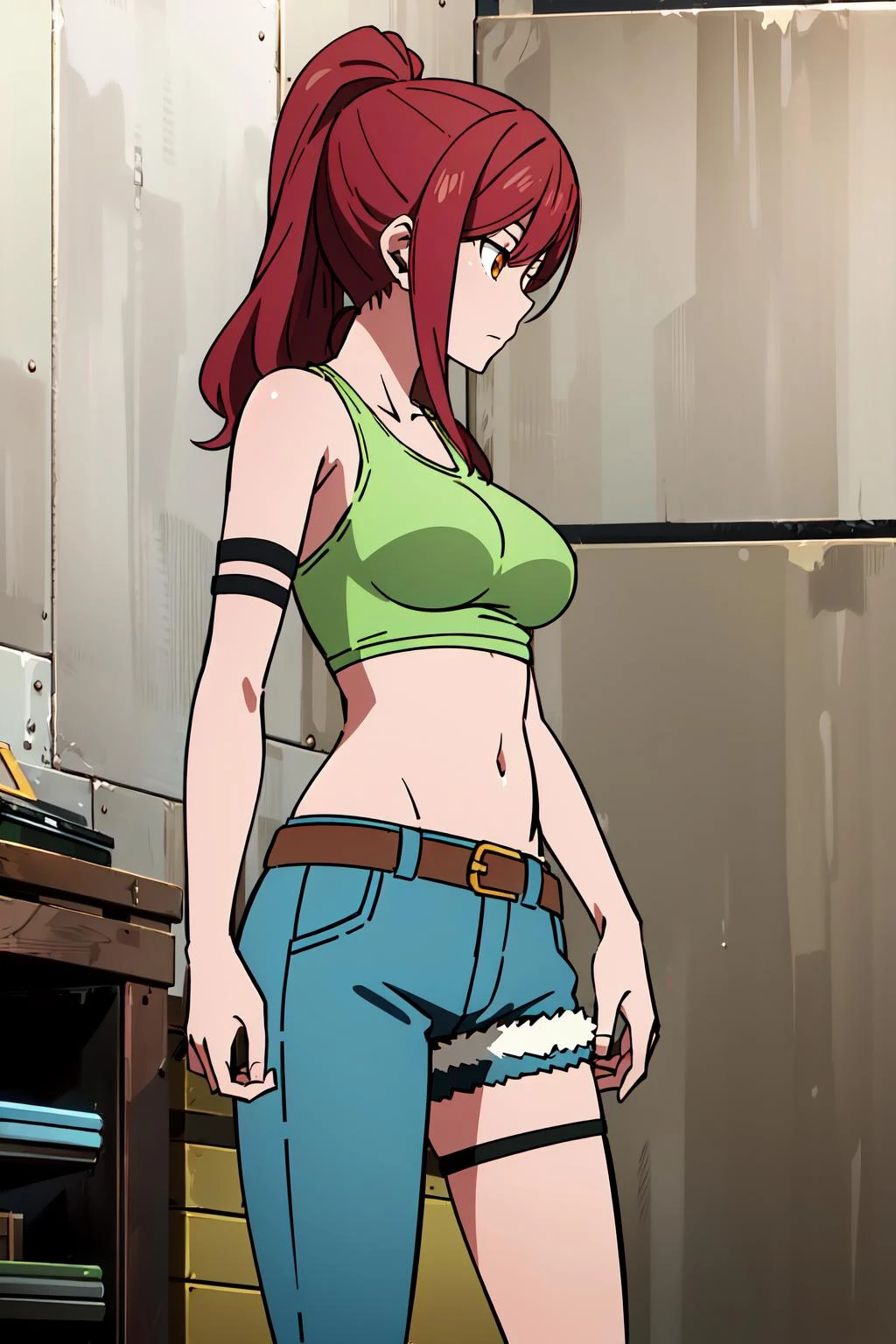 (extremely detailed CG unity 8k wallpaper),(masterpiece),(best quality),(ultra-detailed),(best illustration),(best shadow),(absurdres), <lora:Lisa:0.75>, Lisa, 1girl, solo, red hair, denim, single pantsleg, pants, jeans, asymmetrical clothes, crop top, midriff, ponytail, belt, thigh strap, breasts, long hair, medium breasts, tank top, indoors, armband, standing, brown eyes, orange eyes, bare shoulders, green shirt, asymmetrical legwear, profile