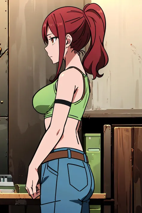 (extremely detailed CG unity 8k wallpaper),(masterpiece),(best quality),(ultra-detailed),(best illustration),(best shadow),(absurdres), <lora:Lisa:0.75>, Lisa, 1girl, solo, red hair, denim, single pantsleg, pants, jeans, asymmetrical clothes, crop top, midriff, ponytail, belt, thigh strap, breasts, long hair, medium breasts, tank top, indoors, armband, standing, brown eyes, orange eyes, bare shoulders, green shirt, asymmetrical legwear, profile