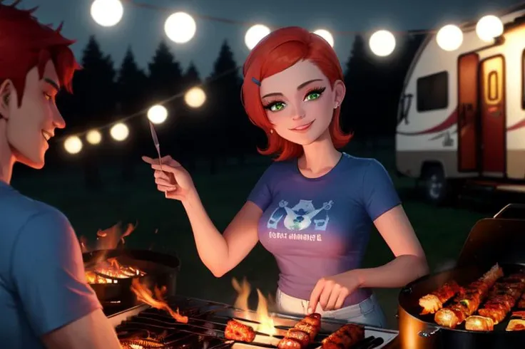 8K, (masterpiece), (best quality), high definition, (highres), solo:1.2, best lighting, bokeh filter, <lora:GwendolynTennyson_v0.1-000005:0.8> gwendolyn:1.1, hairclip, blue shirt, smiling, white pants, looking at viewer, red hair, green eyes, rv camp background, barbeque in foreground