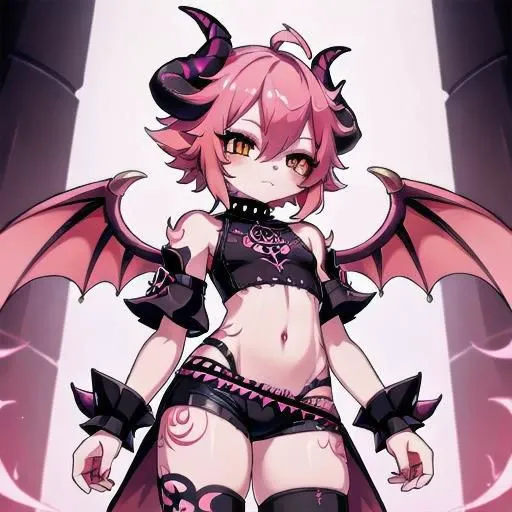 demon, innocent, horns, wings, tall, albino, hot pink hair, short spiky scene hair, slanted orange eyes, hot pink hot pink tattoos,cyber sigilism tattoo,tattoo on stomach, non human, monster girl, like, poofy hair, eyeliner, emo, emo makeup, goth, ripped croptop and clothes, Bloodless