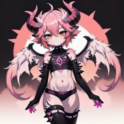 demon, innocent, horns, wings, tall, albino, hot pink hair, short spiky scene hair, slanted orange eyes, hot pink hot pink tattoos,cyber sigilism tattoo,tattoo on stomach, non human, monster girl, like, poofy hair, eyeliner, emo, emo makeup, goth, ripped croptop and clothes, Bloodless