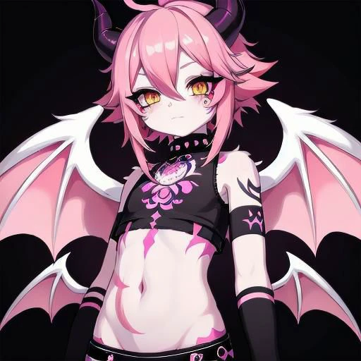 demon, innocent, horns, wings, tall, albino, hot pink hair, short spiky scene hair, slanted orange eyes, hot pink hot pink tattoos,cyber sigilism tattoo,tattoo on stomach, non human, monster girl, like, poofy hair, eyeliner, emo, emo makeup, goth, ripped croptop and clothes, Bloodless
