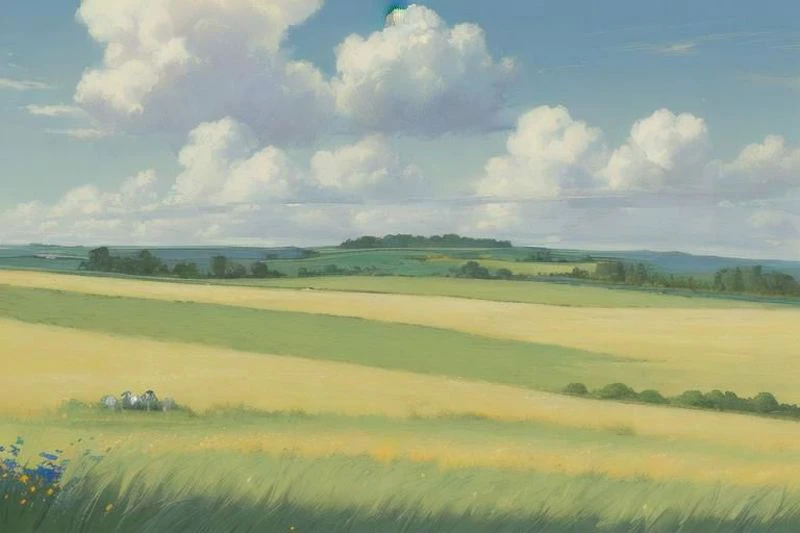 ((((landscape, nature, zero pictured, rolling hills, long grass, clouds, grass, prairie)))), ((by Pino Daeni, by Ruan Jia, by Fumiko, by Levelviolet, by Supplesee)), outside,