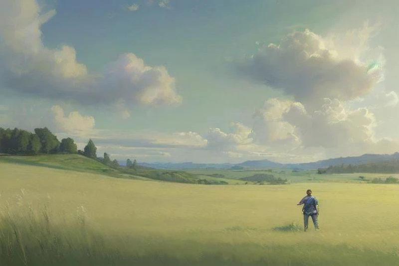 ((((landscape, nature, zero pictured, rolling hills, long grass, clouds, grass, prairie)))), ((by Pino Daeni, by Ruan Jia, by Fumiko, by Levelviolet, by Supplesee)), outside,