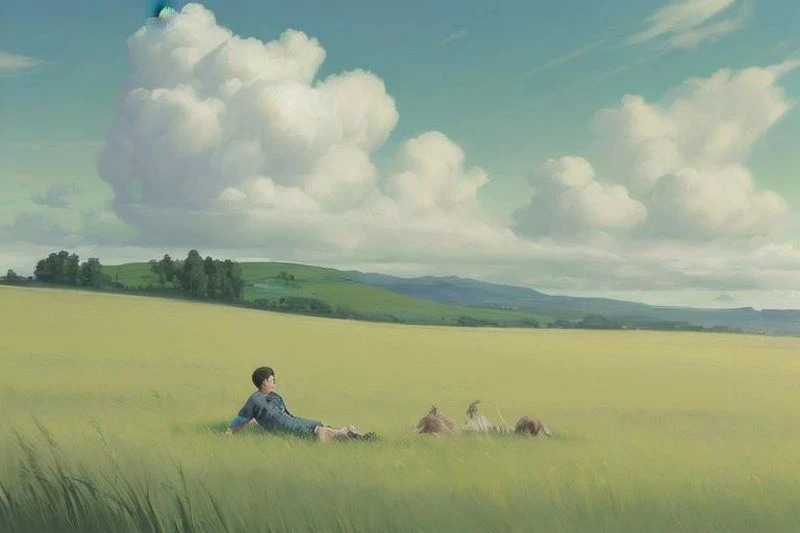 ((((landscape, nature, zero pictured, rolling hills, long grass, clouds, grass, prairie)))), ((by Pino Daeni, by Ruan Jia, by Fumiko, by Levelviolet, by Supplesee)), outside,