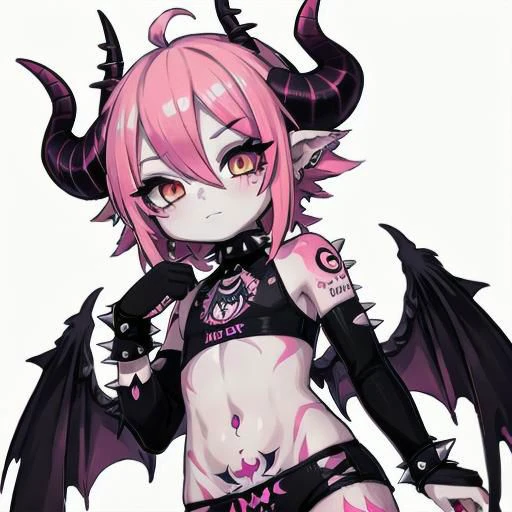 demon, innocent, horns, wings, tall, albino, hot pink hair, short spiky scene hair, slanted orange eyes, hot pink hot pink tattoos,cyber sigilism tattoo,tattoo on stomach, non human, monster girl, like, poofy hair, eyeliner, emo, emo makeup, goth, ripped croptop and clothes, Bloodless