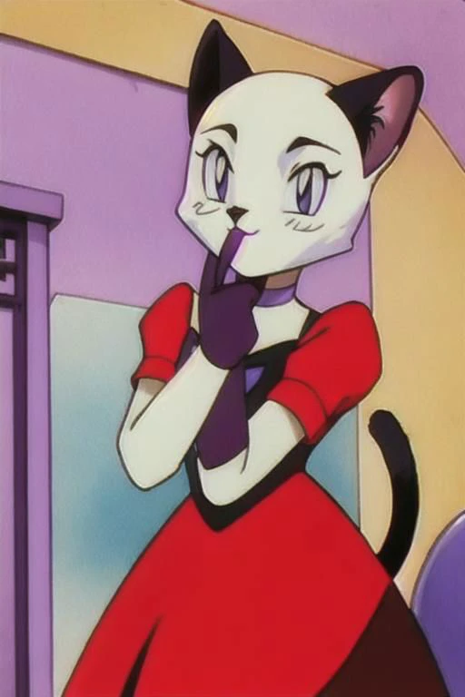 pokemonstyle, ((masterpiece)), ((best quality)), furry female, siamese cat, siamese, cat, red dress, purple gloves, :3, happy, cute