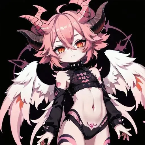 demon, innocent, horns, wings, tall, albino, hot pink hair, short spiky scene hair, slanted orange eyes, hot pink hot pink tattoos,cyber sigilism tattoo,tattoo on stomach, non human, monster girl, like, poofy hair, eyeliner, emo, emo makeup, goth, ripped croptop and clothes, Bloodless