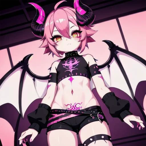 demon, innocent, horns, wings, tall, albino, hot pink hair, short spiky scene hair, slanted orange eyes, hot pink hot pink tattoos,cyber sigilism tattoo,tattoo on stomach, non human, monster girl, like, poofy hair, eyeliner, emo, emo makeup, goth, ripped croptop and clothes, Bloodless