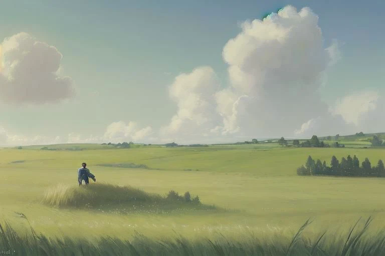 ((((landscape, nature, zero pictured, rolling hills, long grass, clouds, grass, prairie)))), ((by Pino Daeni, by Ruan Jia, by Fumiko, by Levelviolet, by Supplesee)), outside,