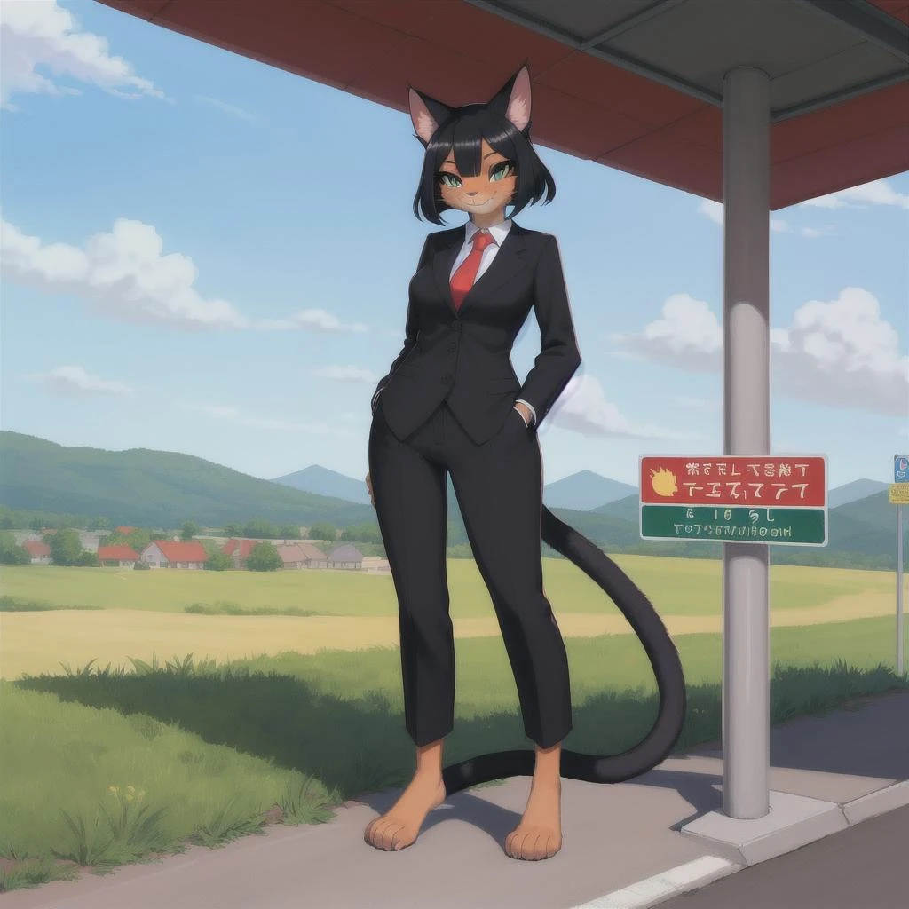 ((masterpiece)), ((best quality)), (illustration, cartoon, colorful), furry female, cat, mammal, anthro, black hair, medium hair, cat ears, cat eyes, animal nose, (cat tail), clothing, female, fur, solo, standing, smiling, women's suit, red tie, barefoot, (((long shot, full body portrait))), bus stop, road, grass, sunlight
