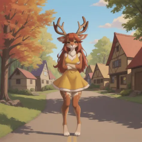 ((masterpiece)), ((best quality)), (illustration, cartoon, colorful), furry female, deer, mammal, anthro, red hair, medium hair, (deer horns), deer ears, animal nose, clothing, female, fur, solo, standing, smiling, yellow dress, barefoot, (((long shot, full body portrait))), ((village, houses)), (street, road, path), grass, sunlight