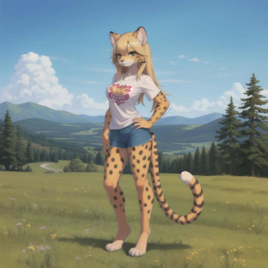 ((masterpiece)), ((best quality)), (illustration, cartoon, colorful), furry female, cheetah, felid, feline, mammal, anthro, blonde hair, clothing, female, fur, hair, solo, white short sleeve shirt, blue shorts, barefoot, (((long shot, full body portrait))), tail, grass, trees, mountains, sunlight, solo, standing, upper body, hand on hip