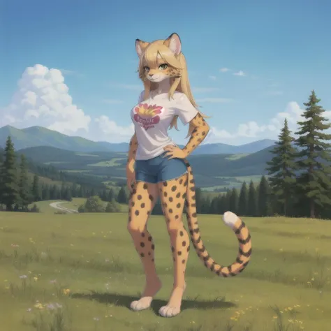 ((masterpiece)), ((best quality)), (illustration, cartoon, colorful), furry female, cheetah, felid, feline, mammal, anthro, blonde hair, clothing, female, fur,  hair, solo, white short sleeve shirt, blue shorts, barefoot, (((long shot, full body portrait))), tail, grass, trees, mountains, sunlight, solo, standing, upper body, hand on hip