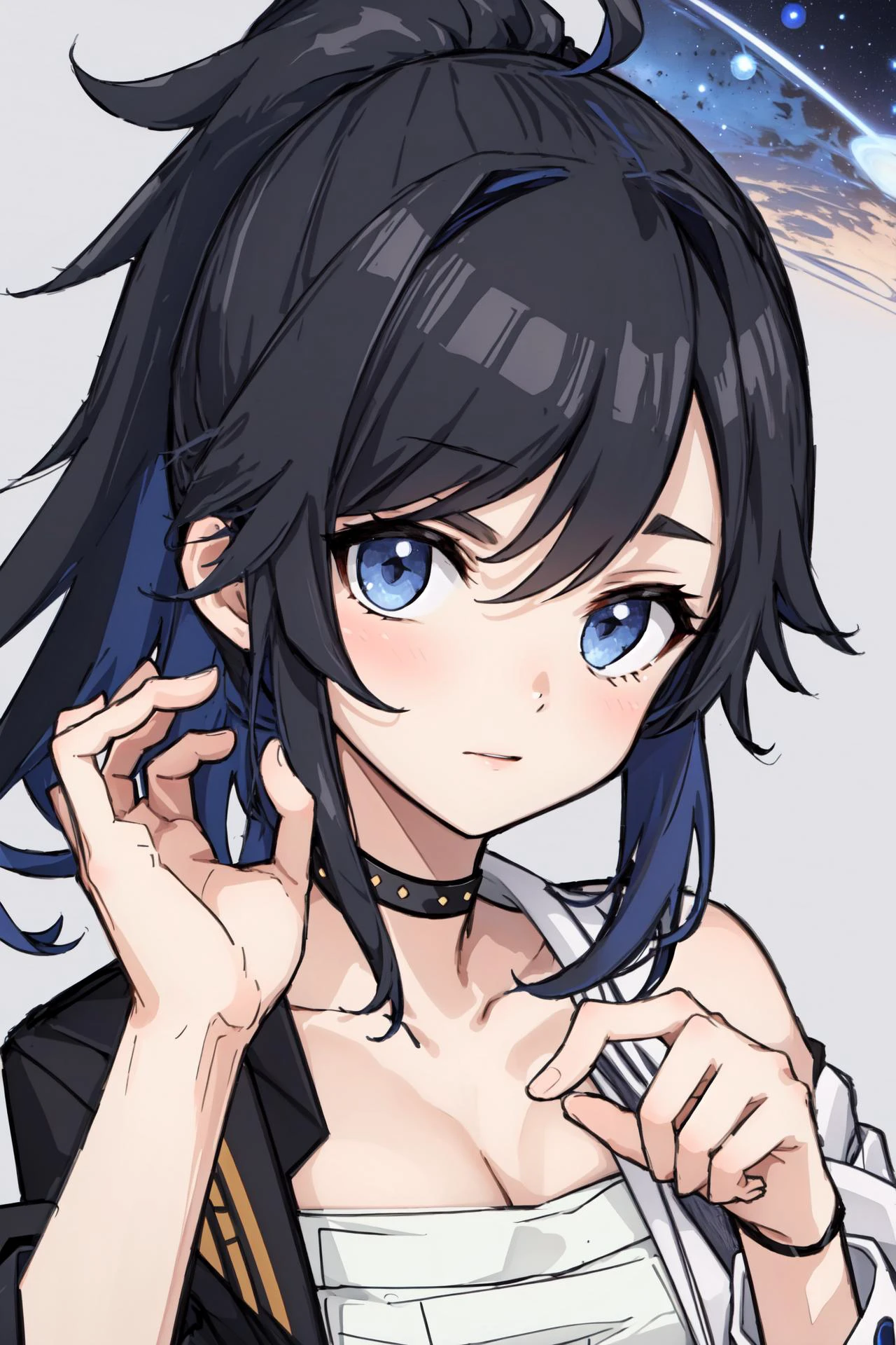 best quality, intricate details,
<lora:kson-06:0.8> kson(vshojo), belt, white footwear, black hair, black jacket, large breasts, coat, white pants, chest sarashi, simple background, cleavage, blue eyes, open clothes, pants, solo, black choker, boots, sarashi, midriff, green background, jacket, 1girl, looking at viewer, blue hair, ponytail, choker
nebula background, space, stars, planets, darkness,
<lora:boneNigiStyle_v10:0.8>