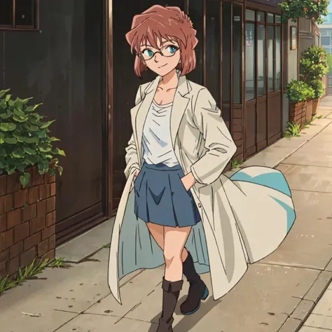 (((masterpiece))),(best quality), <lora:haibaratv:1>,(hibaratv,), absurdres, (1girl, solo), full body, light smile,grin, blush, (wholelength), brown hair, full body,( hands in pockets, looking at viewer, from above,  walking on street, in city, afternoon,sunlight, ),( labcoat, open coat, white english laundry, plunging neckline english laundry, aqua skirt, short skirt, sailor skirt,  ankle boots, black-rimmed glasses, ), small breasts,