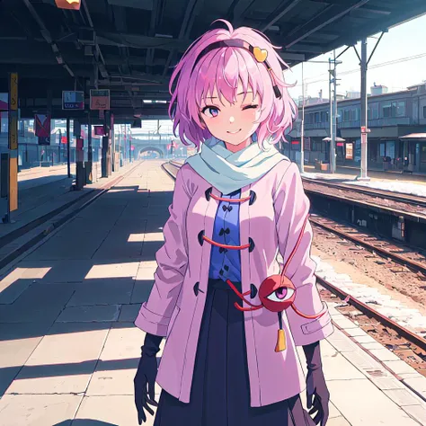(komeji satori, touhou),(1girl, solo, silhouette, standing, on street, shadowdrawing, high contrast, one eye closed, outdoors, train station in background, white scarf, light pink hair, black gloves, purple coat, blue shirt, pink skirt, ), (masterpiece:1.2, best quality, raytracing, raytraced shadow, raytraced reflection, RTX global illumination, cowboy shot, winter, extremely detailed CG, ultra-detailed, best shadow, depth of field,  ) , high quality, from front, facing viewer, looking at viewer,  <lora:GoodHands-beta2:1> ,giggling, perfect hand,