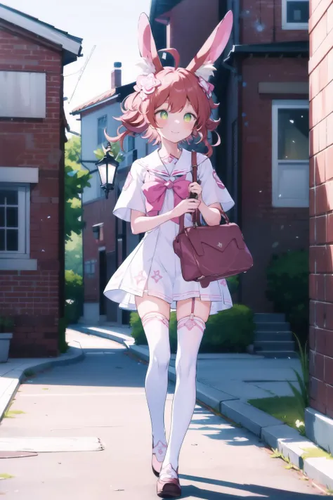((masterpiece)), (1girl), (solo:1.2),  blush, bright pupils,  particles, v,  ray tracing, (dim light), [realistic], day,  <lora:rasMaimaiAnything1.0.0:0.85>, star hair ornament, flower hair ornament, red hair,  green eyes, (rabbit ears:1.2), animal ear fluff, ahoge,  <lora:GoodHands-beta2:1.65>,  zettai ryouiki, looking looking afar,   small breasts, (white thighhighs:1.2), white school uniform, blue pleated dress,  closed mouth, light smile, outdoors, school, pink school briefcase, walking,white brick walls,  full body,  day,
