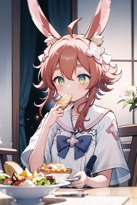 ((masterpiece)), (1girl), (solo:1.2),  blush, bright pupils,  particles, v,  ray tracing, (dim light), [realistic], day,  <lora:rasMaimaiAnything1.0.0:0.85>, star hair ornament, flower hair ornament, red hair,  green eyes, (rabbit ears:1.2), animal ear fluff, ahoge,  <lora:GoodHands-beta2:1.65>,  looking looking afar,   small breasts, (white sailor collar:1.3), blue pleated dress, indoors, dinning room,  eating,  breakfast, sitting, luxury desk, bread, jam, salad bowl,