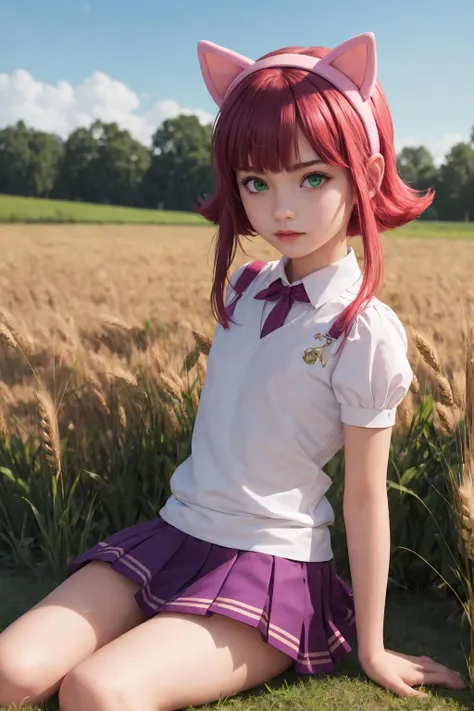 masterpiece, best quality, highly detailed, , , , , 1girl, , slim, small-waisted, flat chest, , , , bangs, short hair, red hair, purple hair, animal ears, fake animal ears, cat ears, hairband, sidelocks, blunt bangs, short hair with long locks, green eyes, detailed eyes, BREAK, , skirt, short sleeves, juliet sleeves, puffy short sleeves, puffy sleeves, shirt, pleated skirt, school uniform, purple skirt, , , sweat, , , , , sitting, , field of wheat,  <lora:Annie1024Test:0.9>