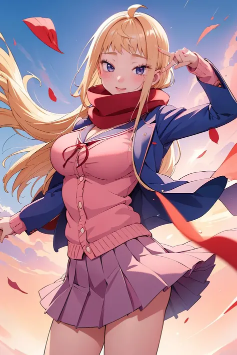 (masterpiece, best quality), 1girl, <lora:FuyukiMinami:1> FuyukiMinami, FuyukiMinami, blue jacket, pink cardigan, cleavage, red scarf, grey skirt