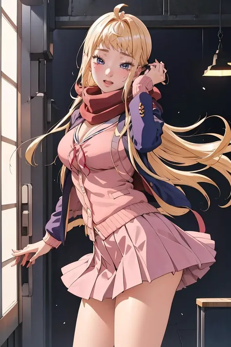 (masterpiece, best quality), 1girl,  <lora:FuyukiMinami:1> FuyukiMinami, FuyukiMinami, blue jacket, pink cardigan, cleavage, red scarf, grey skirt