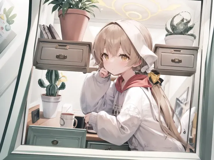 Anime girl sitting at a desk with a laptop and a cactus - SeaArt AI