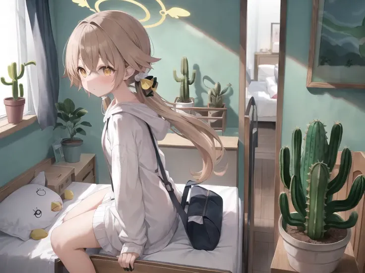 (masterpiece, best quality, hires:1.2), (solo:1.2), (solo:1.2), (solo:1.2),
(morning , bedroom, indoors, window, clock on wall, cup, plant , sink, potted plant, window, windowbox, cactus, bed, bag on bed , stuffed toy on bed , drawer:1.35),
hoodie,hood,long sleeves,
hair flaps , mug, adjusting hair, arms behind back,
hifumi \(blue archive\), 1girl, (solo:1.2), halo, low twintails, yellow eyes,long light brown hair,