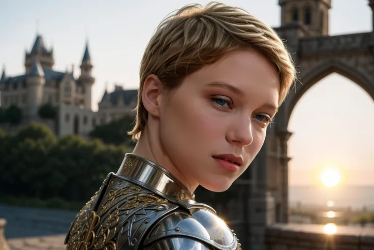 1 girl, fantasy, 30 years, she is wearing medieval clothes, she has blond bobcut hair, she has grey eyes, she is smiling, town in the background, fantasy, realistic, detailed face, she has one angelic big wing white, looking away