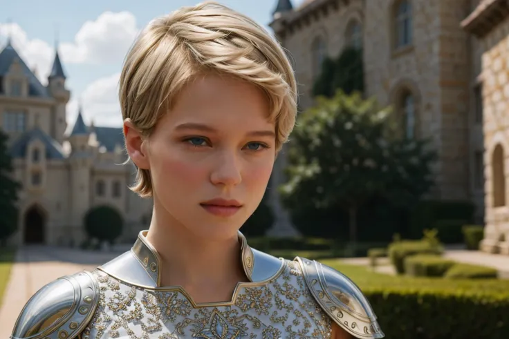 lea1452 standing in front of a castle, short pixie cut hair, (lea seydoux:0.2), wearing shiny armor, beautiful face, cute face, most beautiful in the world, beautiful model body, skin details, realistic skin texture, wallpaper quality, intricate, intricately detailed face and eyes, sharp focus, ray tracing, rtx, ue5, professional photography, well drawn, masterpiece, ultra detailed, high quality, best quality, 4k, 8k, raw <lora:epi_noiseoffset2:0.25> <lora:more_details:0.2> <lora:lea1452:0.55>