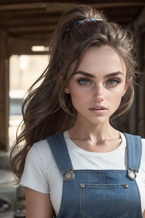 closeup headshot of S245_AnastasiiaPaderina,a beautiful woman,in a (garage:1.1),wearing an (overalls:1.1),(ponytail),(4k, RAW photo, best quality, depth of field, ultra high res:1.1),(absurdres, intricate, photorealistic, masterpiece, ultra-detailed:1.2),