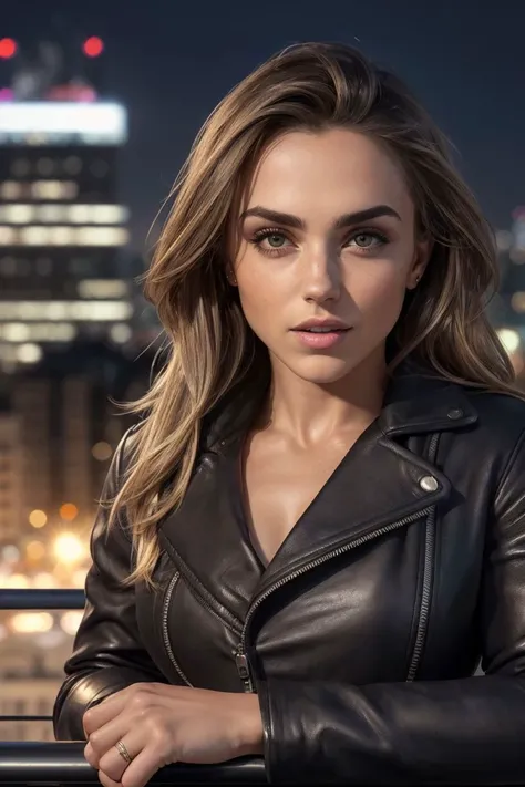 headshot of S245_AnastasiiaPaderina,a stunning woman,on a (balcony:1.1),wearing a (leather-jacket:1.1),(cityscape),(4k, RAW photo, best quality, depth of field, ultra high res:1.1),(absurdres, intricate, photorealistic, masterpiece, ultra-detailed:1.2),