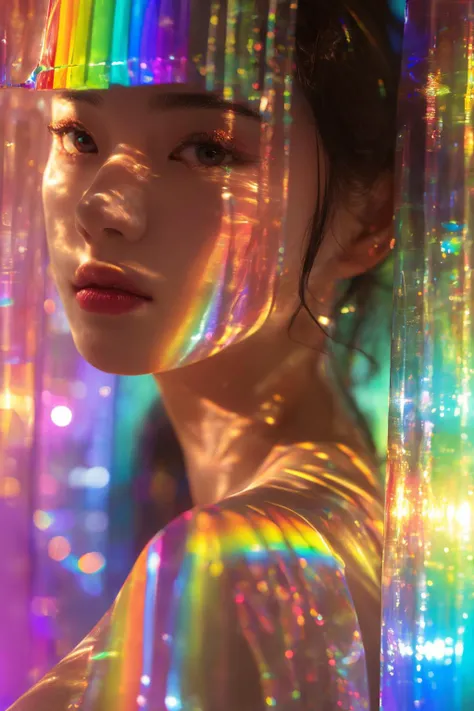 <lora:rainbow glass_20240305204338:1>, Rainbow Glass, best quality, masterpiece, illustration, realistic, photo-realistic, amazing, finely detail, incredibly absurdres, huge filesize, ultra-detailed, highres, extremely detailed CG unity 8k wallpaper, nsfw, nude, A vibrant and colorful scene depicting a young Korean female celebrity posing beside an iridescent rainbow-hued glass wall. The shimmering surface casts a kaleidoscope of colors, reflecting onto her figure. She strikes a photogenic pose suitable for a portrait shoot, with striking and glamorous makeup enhancing her features. Close-up perspective, capturing the dazzling interplay of light and color.