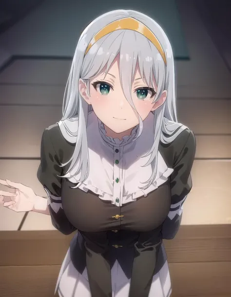 gekkosenko, <lora:sk gekko senko s1-lora-nochekaiser:1>,
gekko, long hair, hair between eyes, (green eyes:1.3), grey hair, hairband, yellow hairband, smile,
BREAK bow, school uniform, serafuku, long sleeves, puffy sleeves, grey serafuku,
BREAK indoors, classroom,
BREAK looking at viewer, (cowboy shot:1.5),
BREAK <lyco:GoodHands-beta2:1>, (masterpiece:1.2), best quality, high resolution, unity 8k wallpaper, (illustration:0.8), (beautiful detailed eyes:1.6), extremely detailed face, perfect lighting, extremely detailed CG, (perfect hands, perfect anatomy),