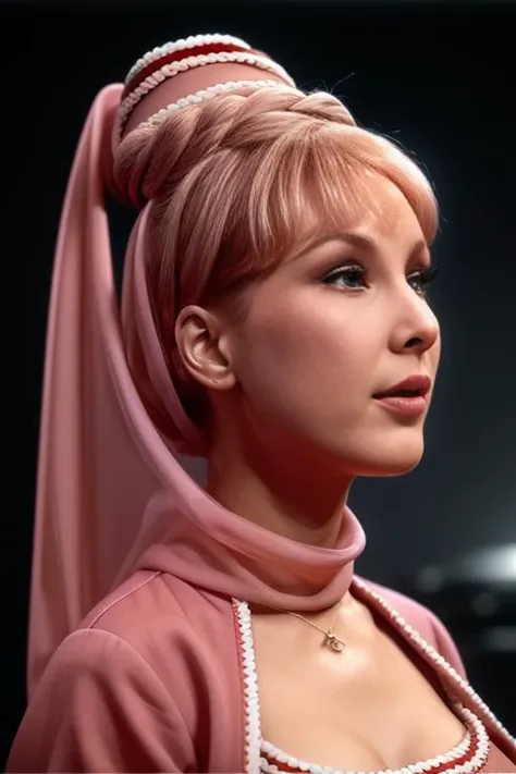 j34nni3, looking at viewer, red jeannie cap, single hair bun, pink jeannie scarf, red jeannie coat midriff, pink jeannie pants, looking back, lips, black background, <lora:Barbara_Eden_PMv1_Lora:1.3>,, detailed skin texture, (blush:0.5), (goosebumps:0.5), subsurface scattering, ((Medium-Shot)), digital painting portrait, natural lighting, in the style of pixar, trending on artstation, sharp, focus art by Arthur Streeton and Božidar Jakac
