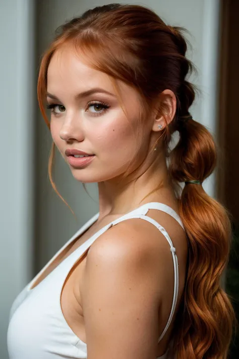RAW photo, debby ryan, (high detailed skin:1.2), (redhead, ponytail hairstyle),8k uhd, dslr, soft lighting, high quality, film grain, Fujifilm XT3 <lora:debby ryan  v1.0:1>