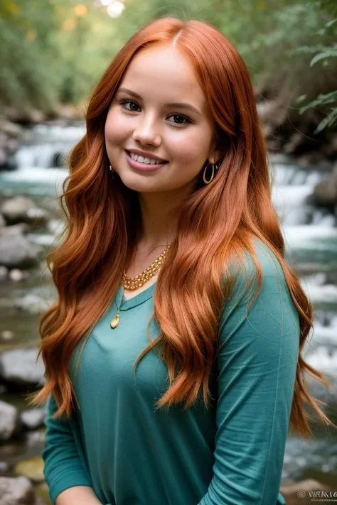 a Realistic portrait of a debby ryan woman with long red Hair style, looking at the viewer, detailed face, detailed eyes, (smiling showing teeth:1.1), perfect slim body, modelshoot style, hand on own shoulder, wearing a green shirt and blue jeans, wearing gold earrings and jewelry, soft lighting, professional Photography, Photorealistic, detailed, waterfall background, blurred background, RAW, analog, sharp focus, 8k, HD, DSLR, high quality, Fujifilm XT3, film grain, award winning, masterpiece<lora:debby ryan v1.0:1>